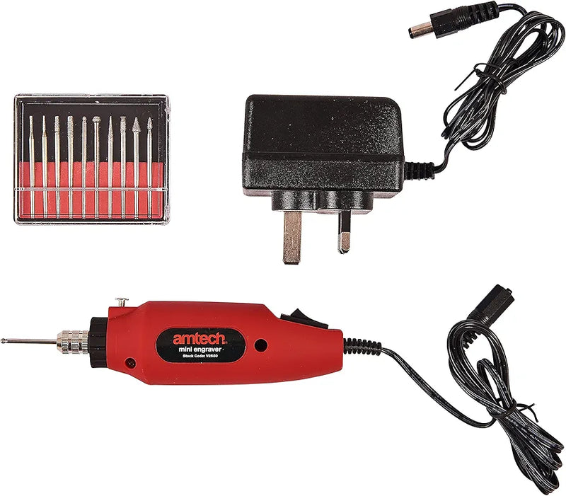Amtech V2550 Mini Engraving Kit, Wood Engraver Tool, 10pc Diamond Tipped Bits for Glass, Ceramic, Plastic & Metals