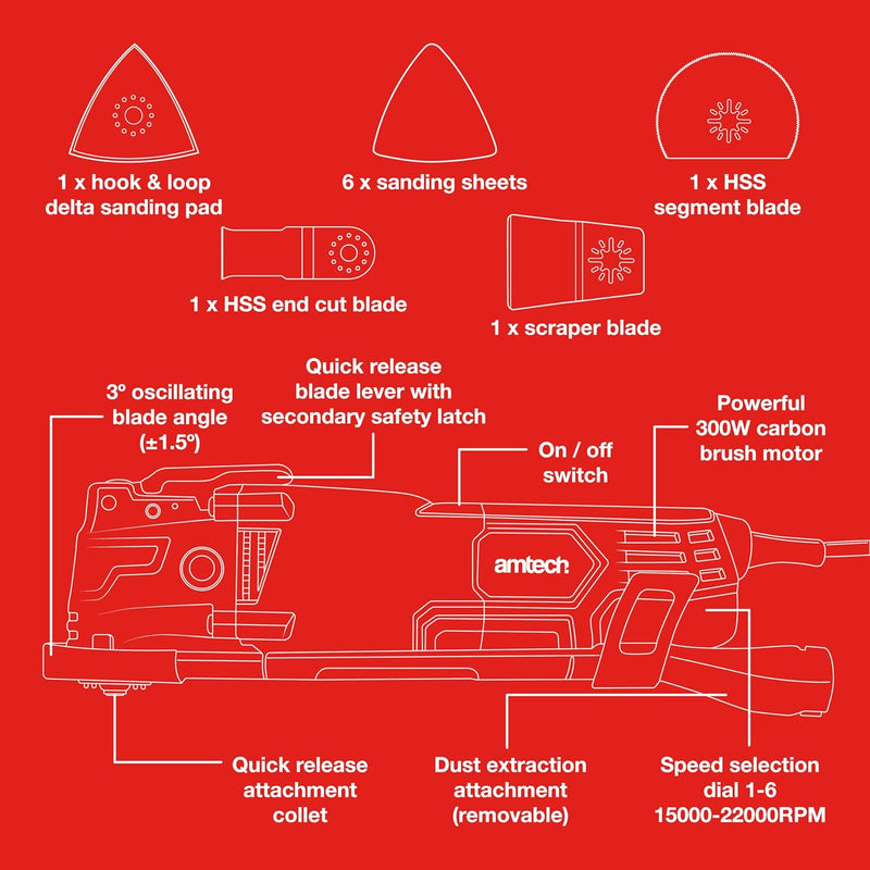 Amtech 300W Oscillating Multi Function Power Tool | Electric Sander Scraper & Sawing Tool with Accessories