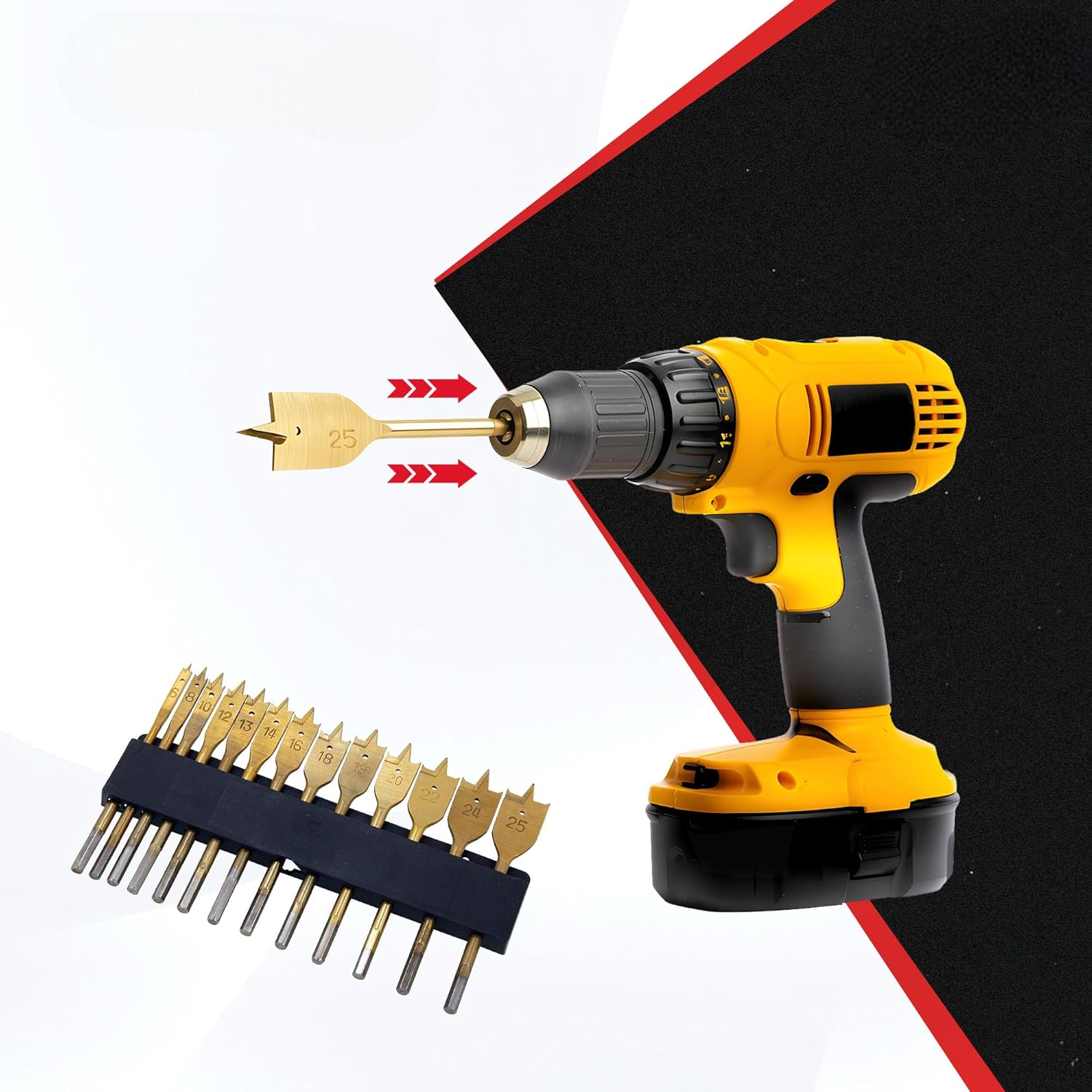 13pc Flat Wood Drill Bit Set 1/4" Hex Shanks 6-25mm Titanium Coated Spade Bits