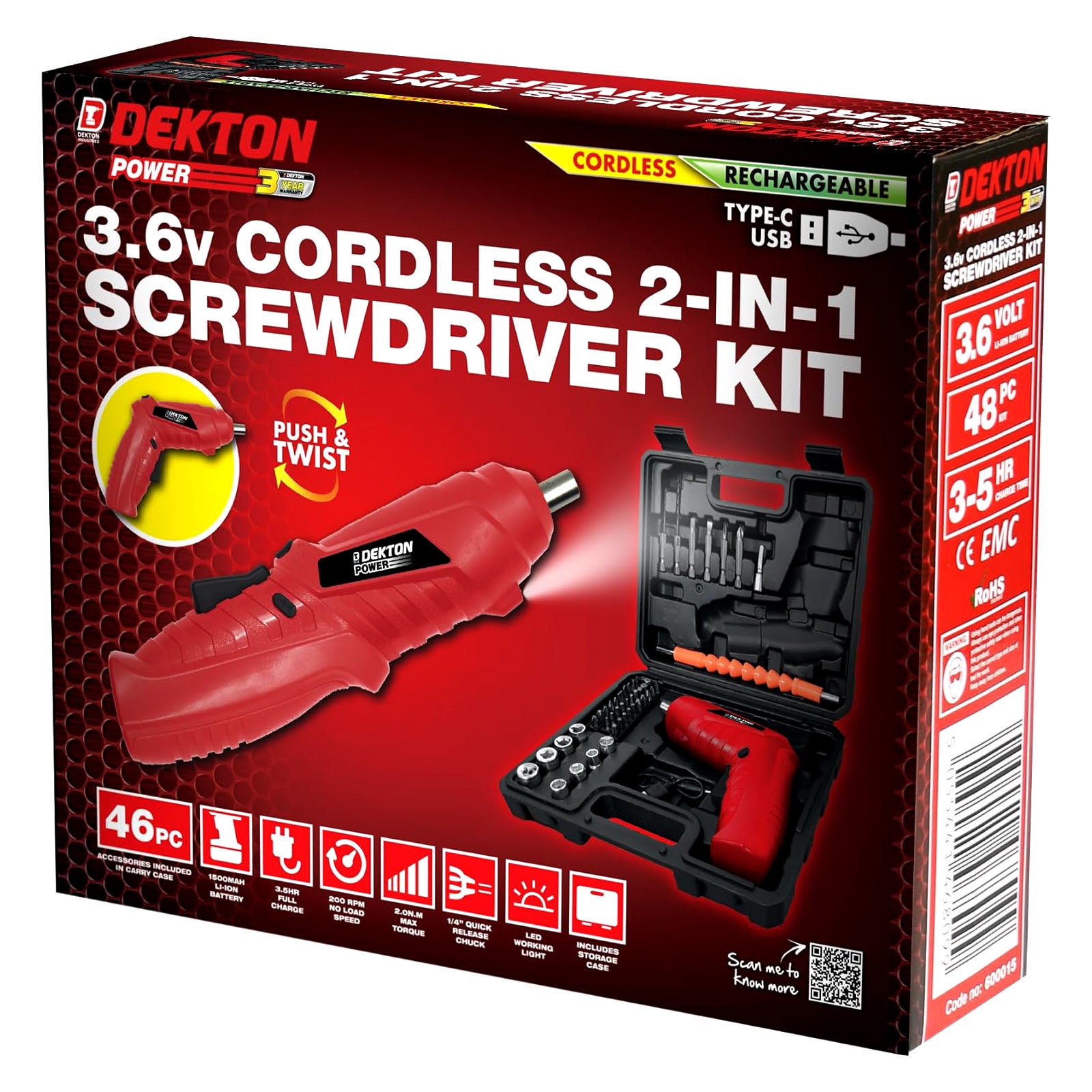 3.6V Cordless Electric Screwdriver USB Rechargeable + 48pc Bits Sockets & Case