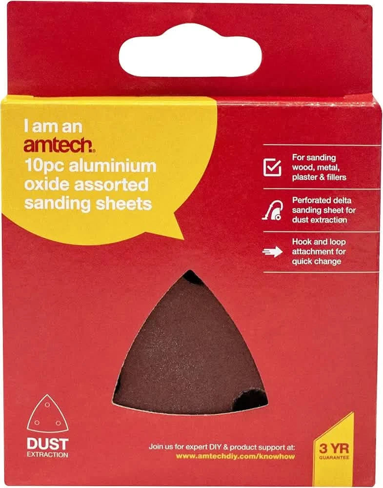 Amtech V4200 Mixed Grit Hook and Loop Delta Sanding Sheets, Perforated 10 Piece Set, 80mm x 80mm Aluminium Oxide Sanding Paper