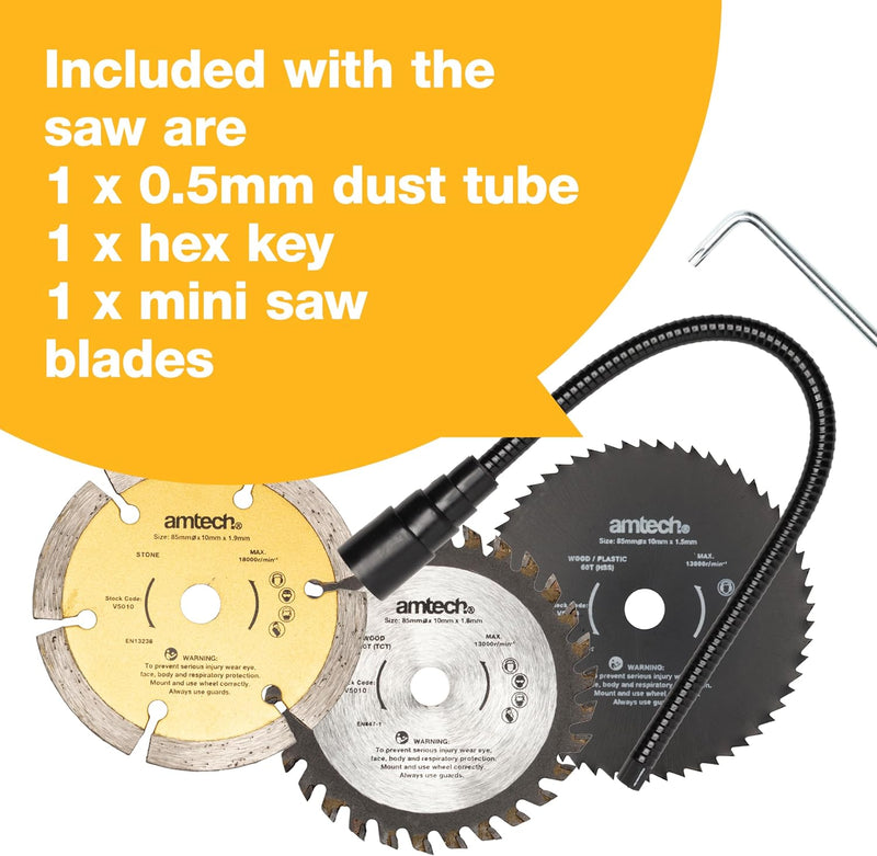 Amtech 600W Electric Handheld Mini Circular Saw | Includes 3 x 85mm Wood, Metal and Masonry Tile Cutting Blades