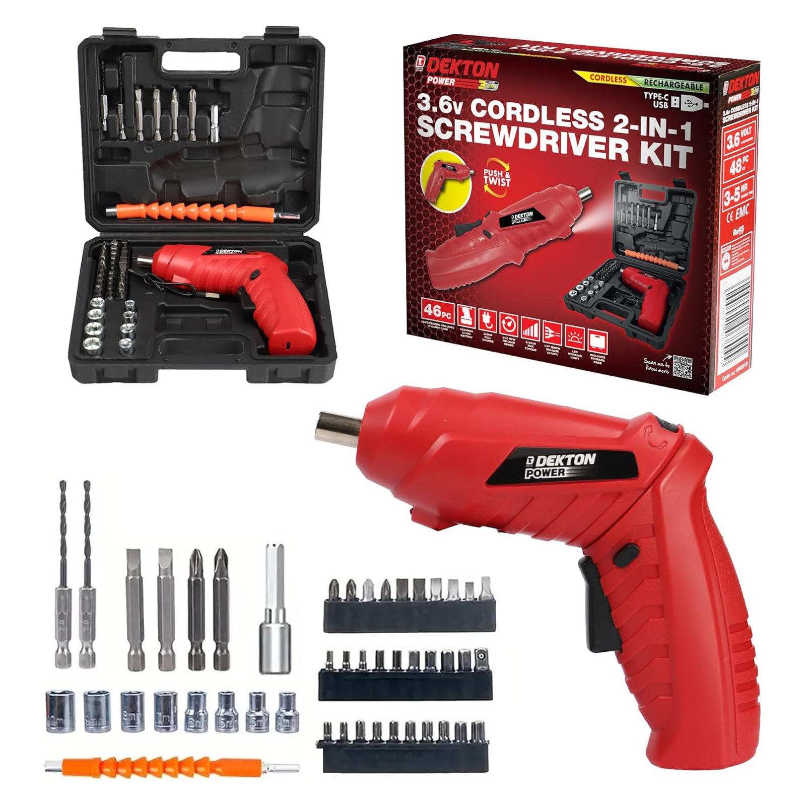 3.6V Cordless Electric Screwdriver USB Rechargeable + 48pc Bits Sockets & Case