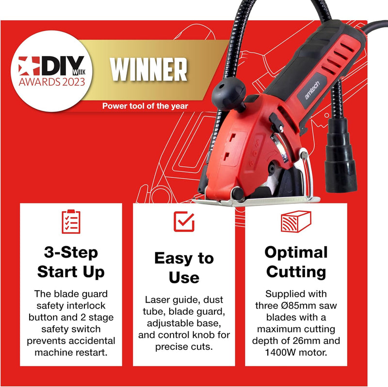 Amtech 600W Electric Handheld Mini Circular Saw | Includes 3 x 85mm Wood, Metal and Masonry Tile Cutting Blades
