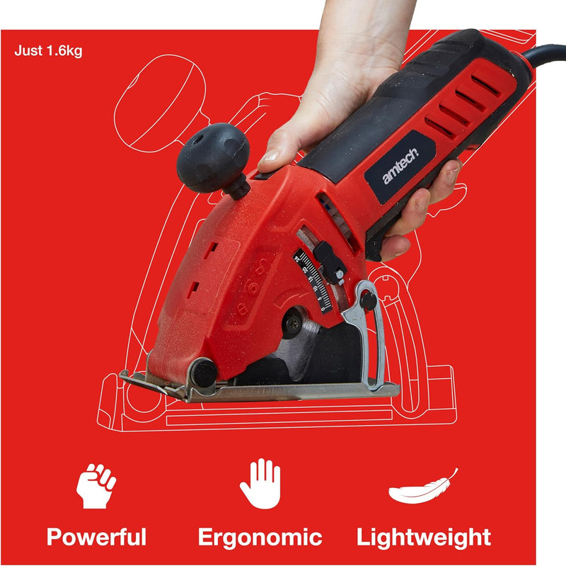 Amtech 600W Electric Handheld Mini Circular Saw | Includes 3 x 85mm Wood, Metal and Masonry Tile Cutting Blades