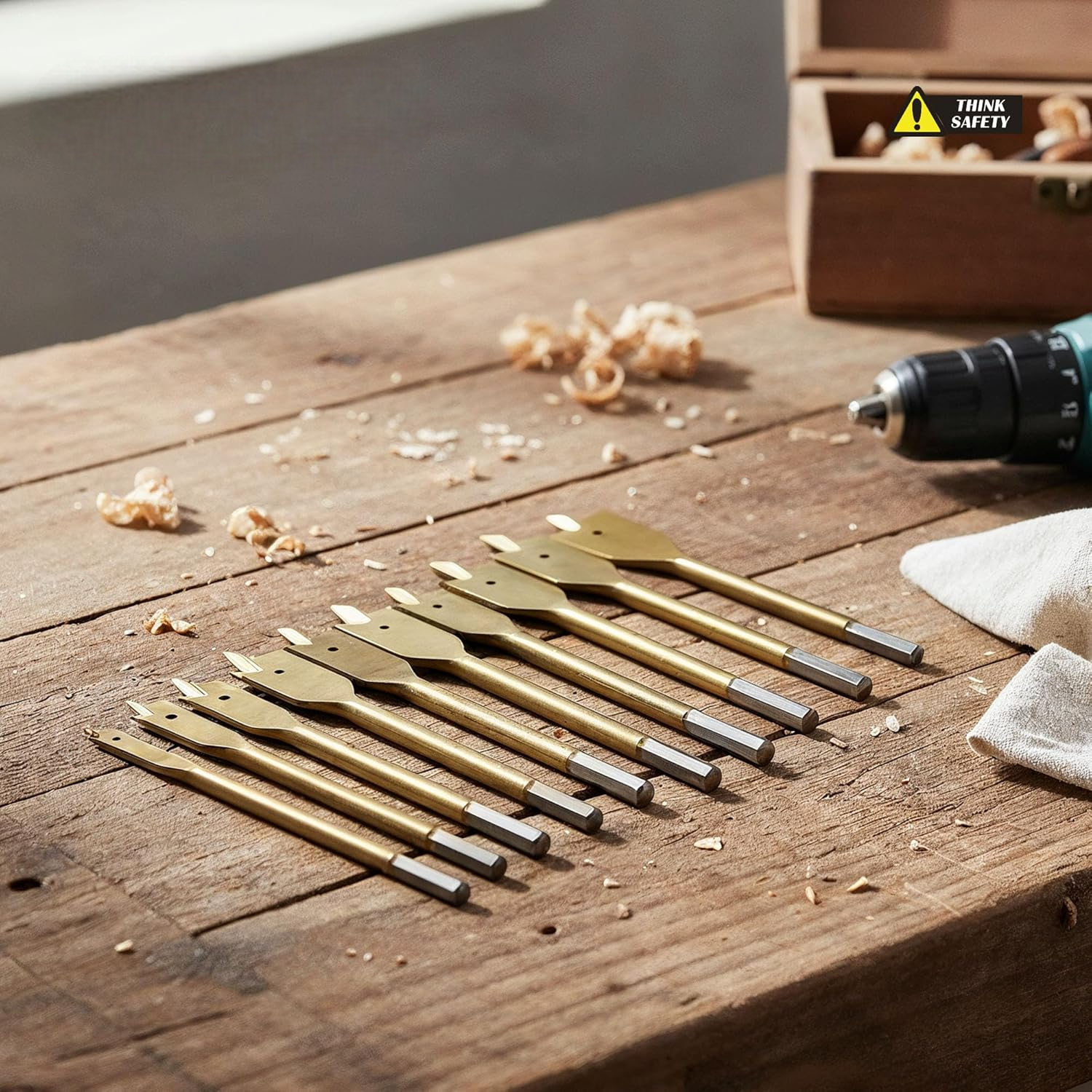 13pc Flat Wood Drill Bit Set 1/4" Hex Shanks 6-25mm Titanium Coated Spade Bits