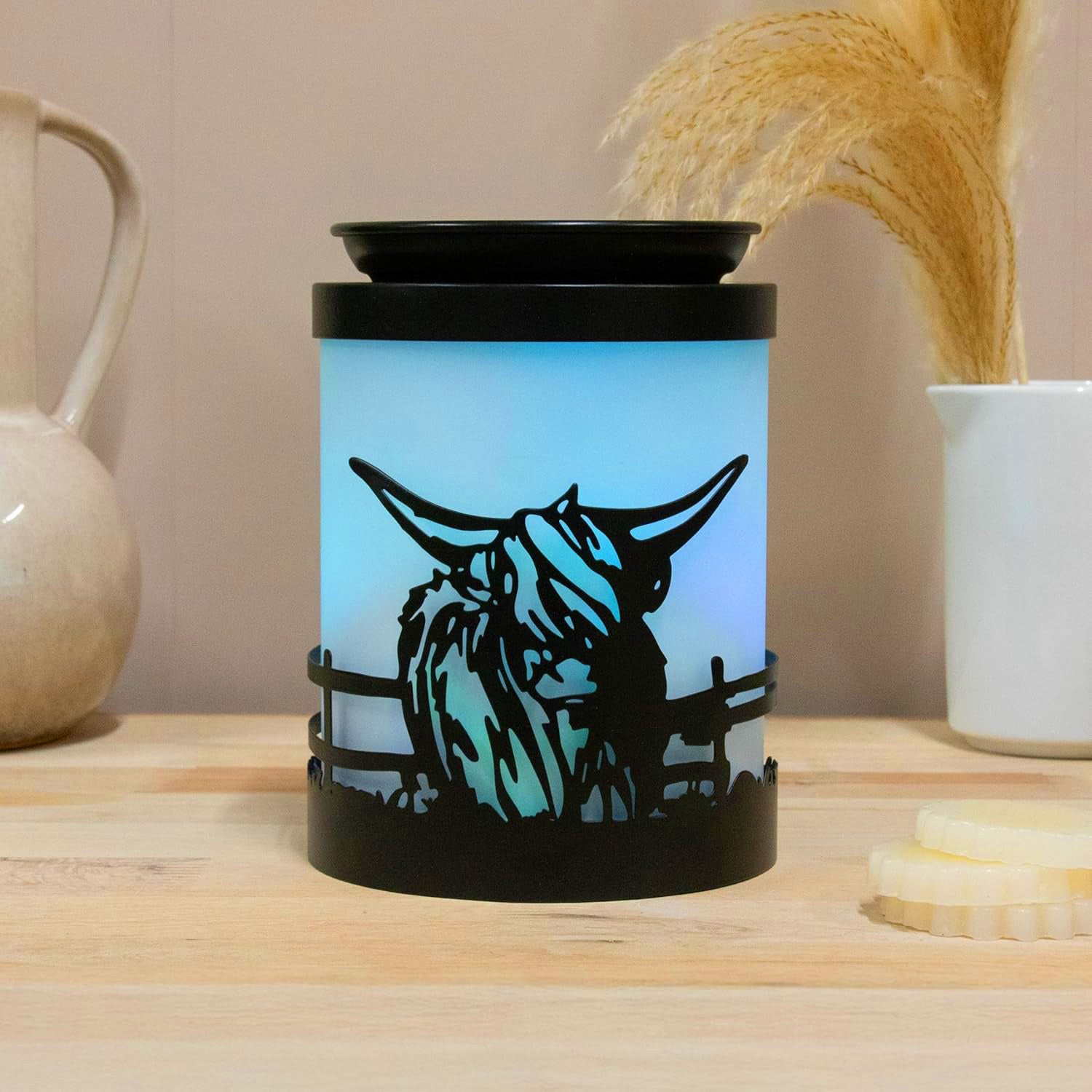Highland Cow Wax Melt Warmer Oil Burner Aroma Diffuser Lamp | Colour Changing LED Northern Lights Effect