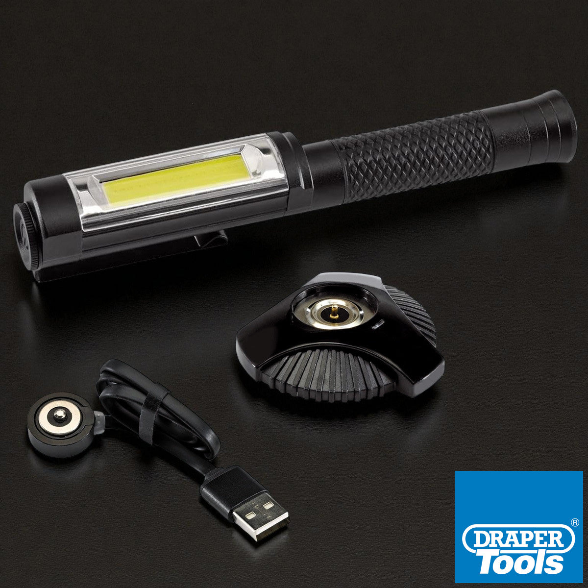 Draper 90101 COB LED Worklight Rechargeable Aluminium Torch + USB Charging Base