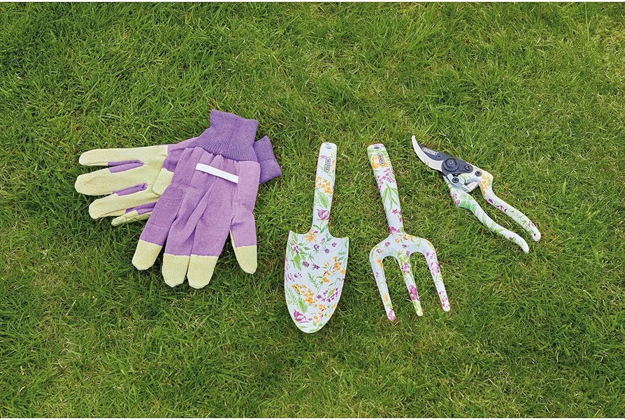 Draper Garden Tools Set-4Piece | Hand Trowel, Fork, 8" Bypass Secateurs Pruner & Garden Gloves | Floral Pattern Gardening Hand Tools | Heavy Duty Garden Acessories | Carbon Steel Blades | 08993