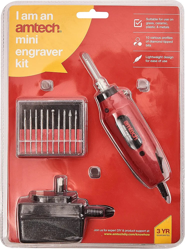 Amtech V2550 Mini Engraving Kit, Wood Engraver Tool, 10pc Diamond Tipped Bits for Glass, Ceramic, Plastic & Metals