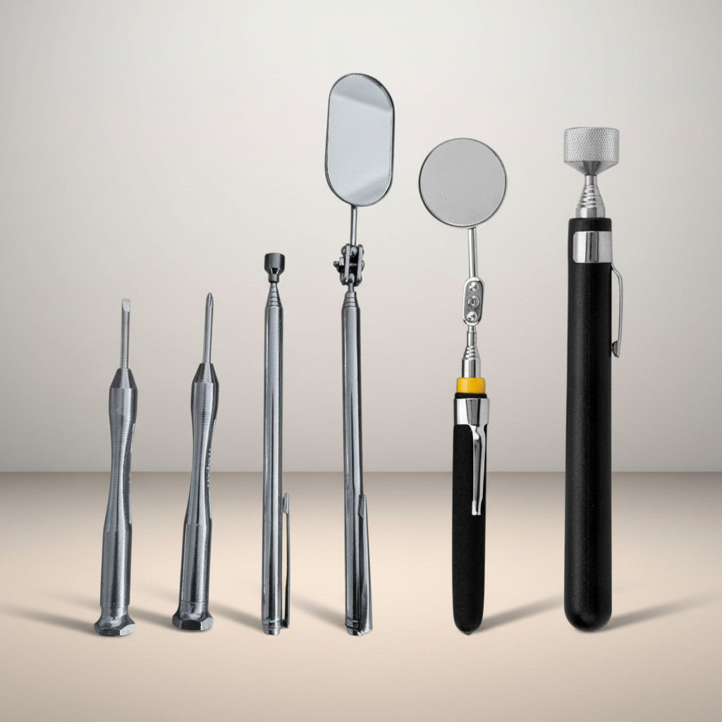 6pc Inspection Tools Set including Telescopic Magnetic Pick Up Tools plus Telescopic Insection Mirrors and Precision Screwdrivers