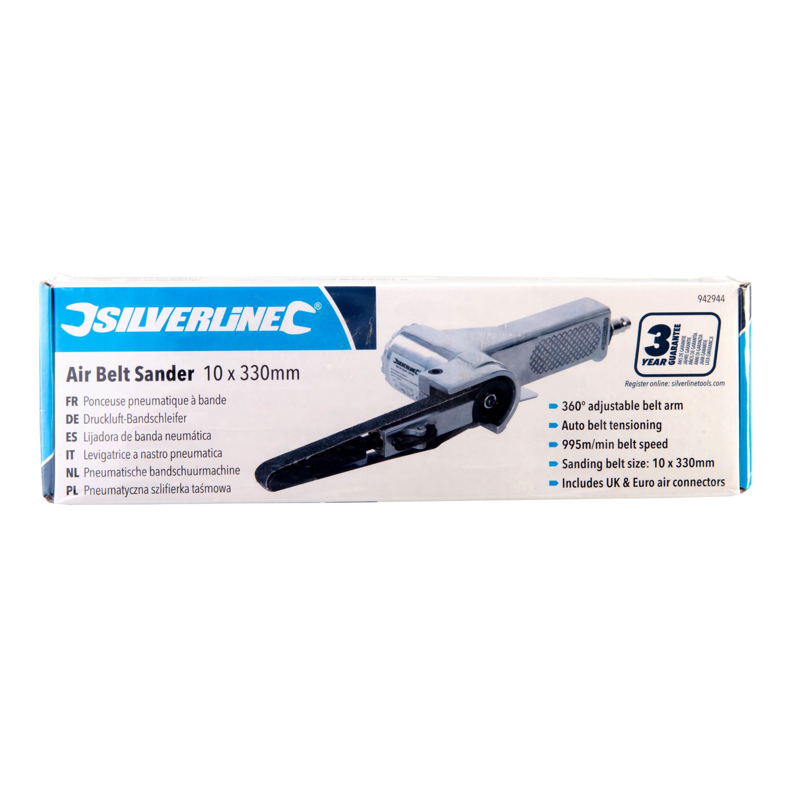 Silverline 942944 Air Belt Sander Finger File 10 x 330mm Sanding Tool plus 3 Sanding Belts
