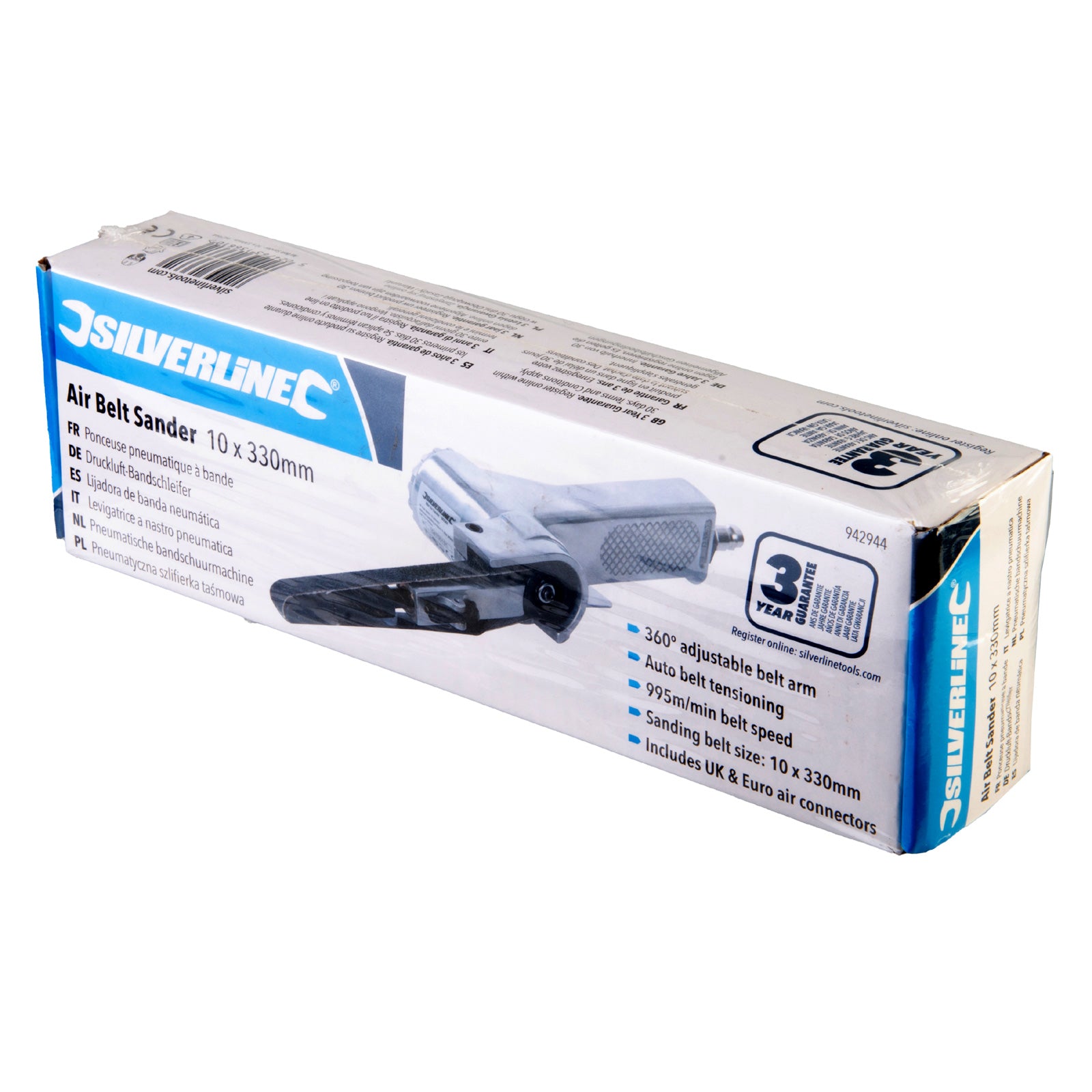 Silverline 942944 Air Belt Sander Finger File 10 x 330mm Sanding Tool plus 3 Sanding Belts