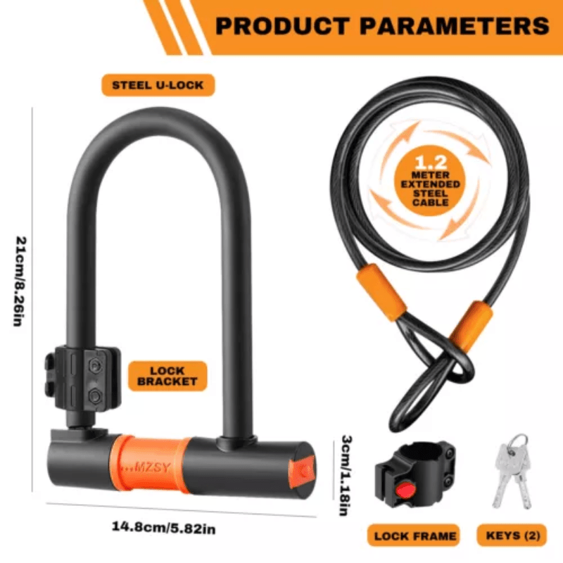1 Set Heavy Duty Bike D Lock with 5ft/1.2m High Security Steel Cable&Sturdy Mounting Bracket&Key Theft Bicycle Locks for Road Bike, Electric Bike, Mountain Bike, Folding Bike