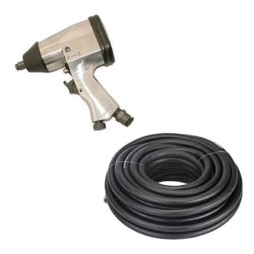 1/2" DR Air Impact Wrench Gun 312Nm + Silverline 15m Rubber Air Hose Kit