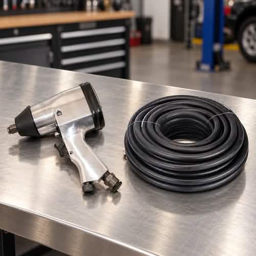 1/2" DR Air Impact Wrench Gun 312Nm + Silverline 15m Rubber Air Hose Kit
