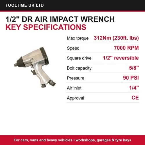 1/2" DR Air Impact Wrench Gun 312Nm + Silverline 15m Rubber Air Hose Kit