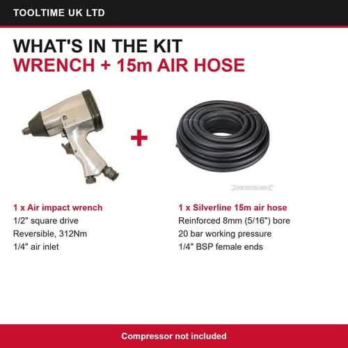 1/2" DR Air Impact Wrench Gun 312Nm + Silverline 15m Rubber Air Hose Kit