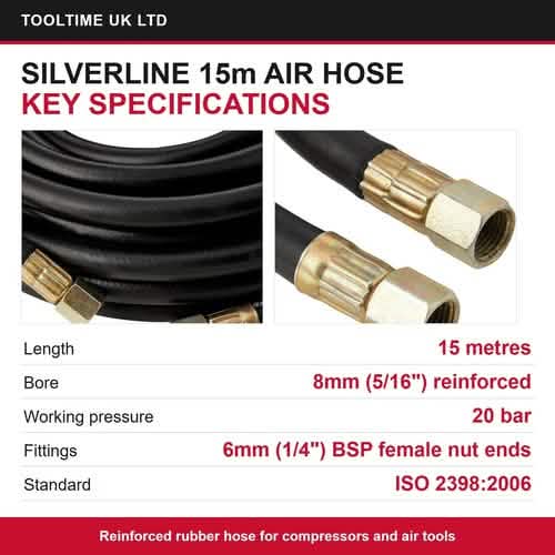 1/2" DR Air Impact Wrench Gun 312Nm + Silverline 15m Rubber Air Hose Kit