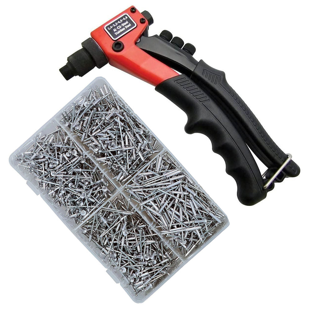 Hand Pop Riveter Rivet Gun Pro Riveting Tool plus 1000 Assorted Rivets and 4 Nozzle Heads