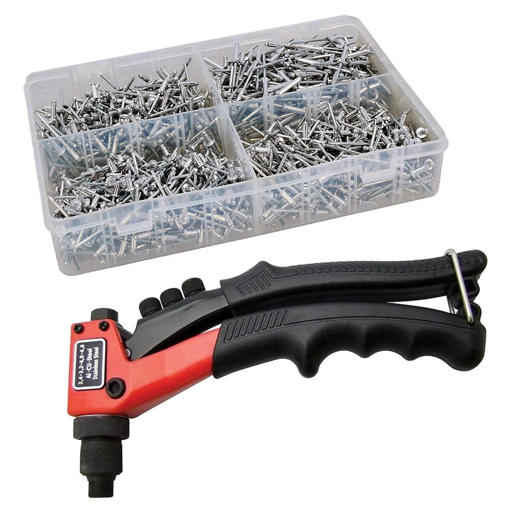 Hand Pop Riveter Rivet Gun Pro Riveting Tool plus 1000 Assorted Rivets and 4 Nozzle Heads