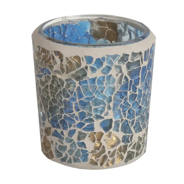 2 Pack - Tea Light Holder Blue/Gold Crackle Glass