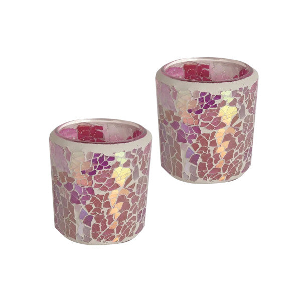2 Pack - Tea Light Holder Pink Crackle Glass