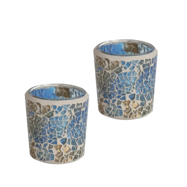2 Pack - Tea Light Holder Blue/Gold Crackle Glass