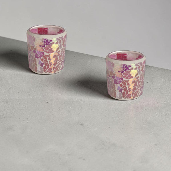 2 Pack - Tea Light Holder Pink Crackle Glass