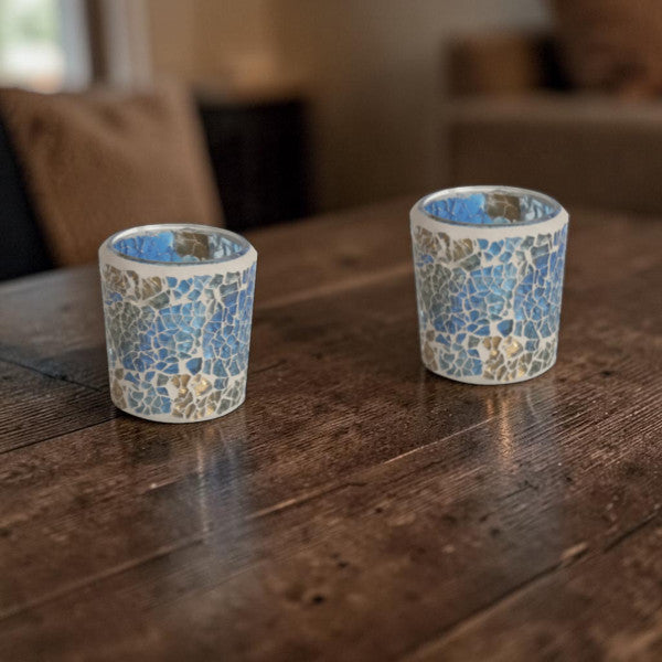 2 Pack - Tea Light Holder Blue/Gold Crackle Glass