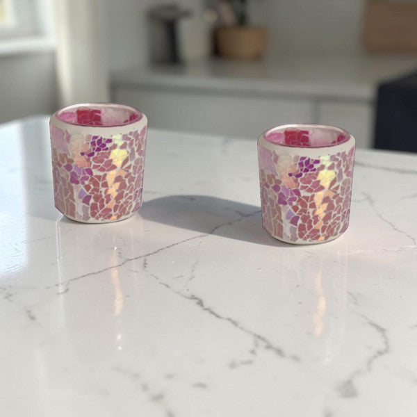 2 Pack - Tea Light Holder Pink Crackle Glass