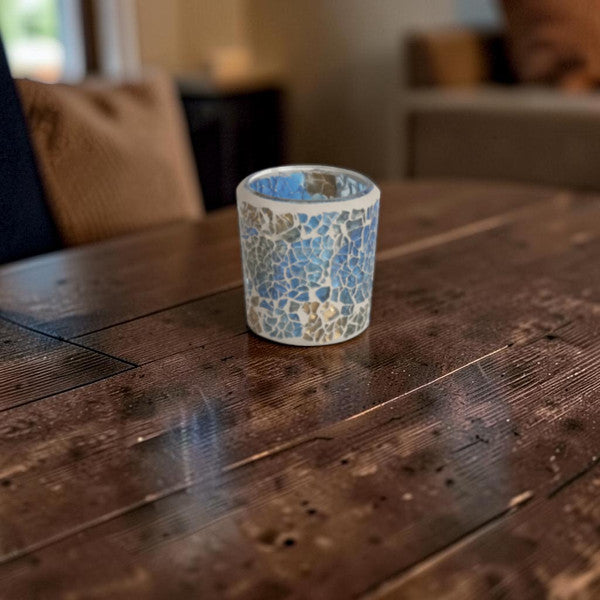 2 Pack - Tea Light Holder Blue/Gold Crackle Glass