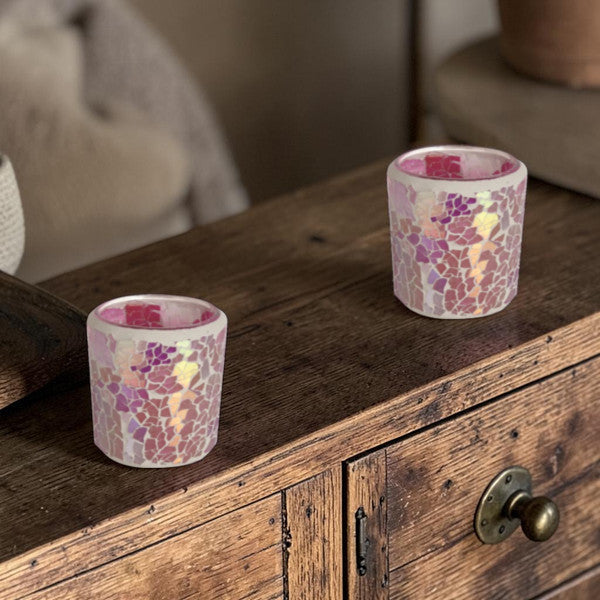2 Pack - Tea Light Holder Pink Crackle Glass