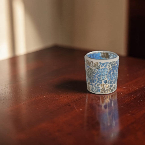 2 Pack - Tea Light Holder Blue/Gold Crackle Glass