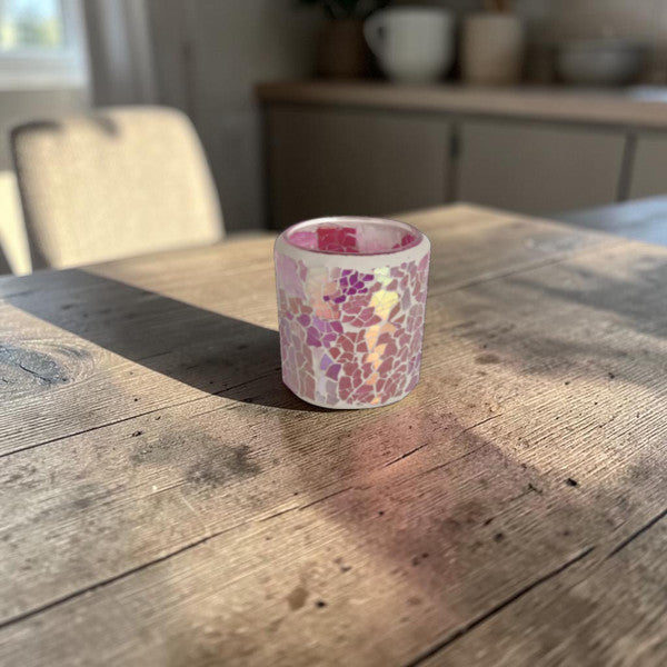 2 Pack - Tea Light Holder Pink Crackle Glass