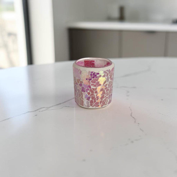 2 Pack - Tea Light Holder Pink Crackle Glass