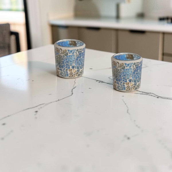 2 Pack - Tea Light Holder Blue/Gold Crackle Glass