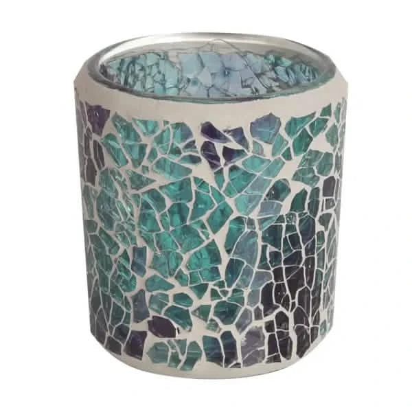 2 Pack - Tea Light Holder Blue Crackle Glass