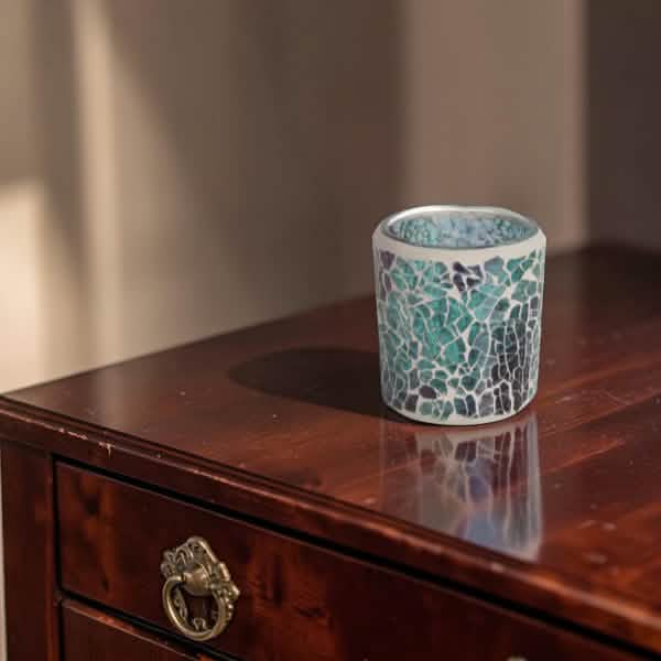 2 Pack - Tea Light Holder Blue Crackle Glass