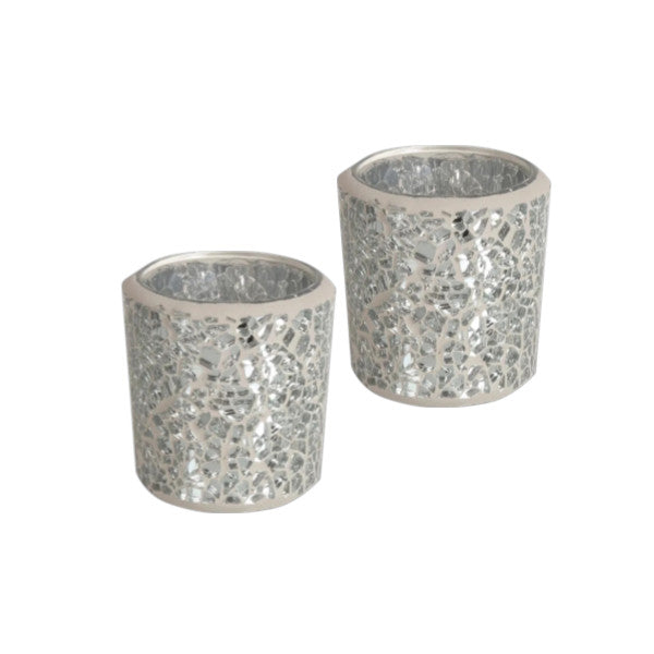2 Pack - Tea Light Holder Silver Crackle Glass
