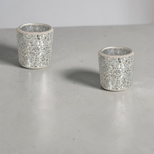 2 Pack - Tea Light Holder Silver Crackle Glass