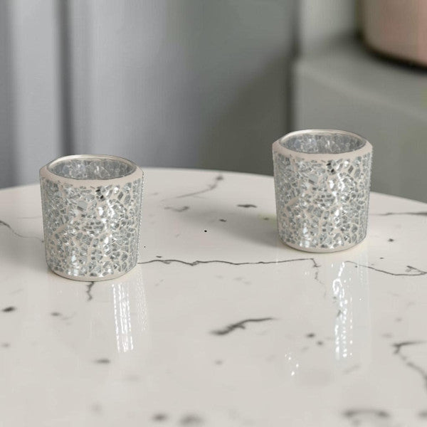 2 Pack - Tea Light Holder Silver Crackle Glass