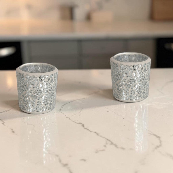 2 Pack - Tea Light Holder Silver Crackle Glass