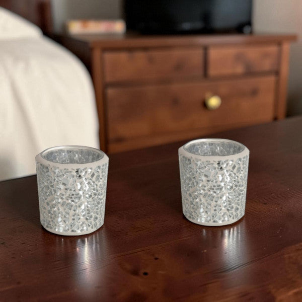 2 Pack - Tea Light Holder Silver Crackle Glass