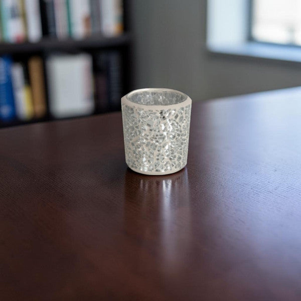 2 Pack - Tea Light Holder Silver Crackle Glass