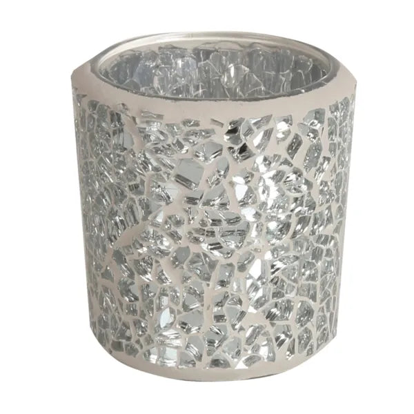 2 Pack - Tea Light Holder Silver Crackle Glass
