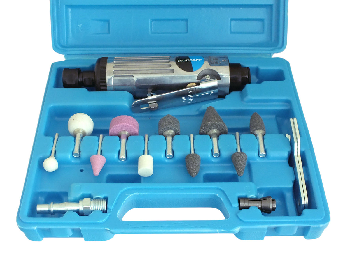 15pc 1/4" Straight Inline Air Die Grinder & Stones Set with Storage Case