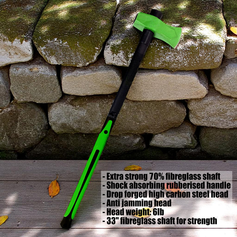 6lb Wood Splitting Maul Axe Fibreglass Shaft Anti-jam Head + Log Bomb Wedge