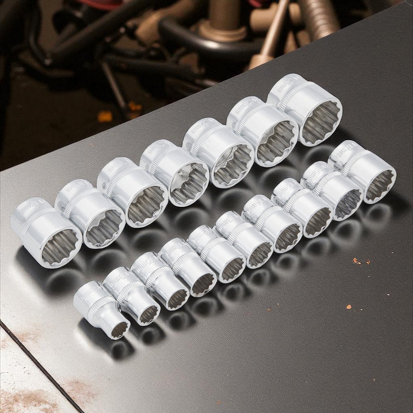 17pc 3/8" Metric Shallow Sockets Set 8-24mm with Storage Rail - Lifetime Warranty
