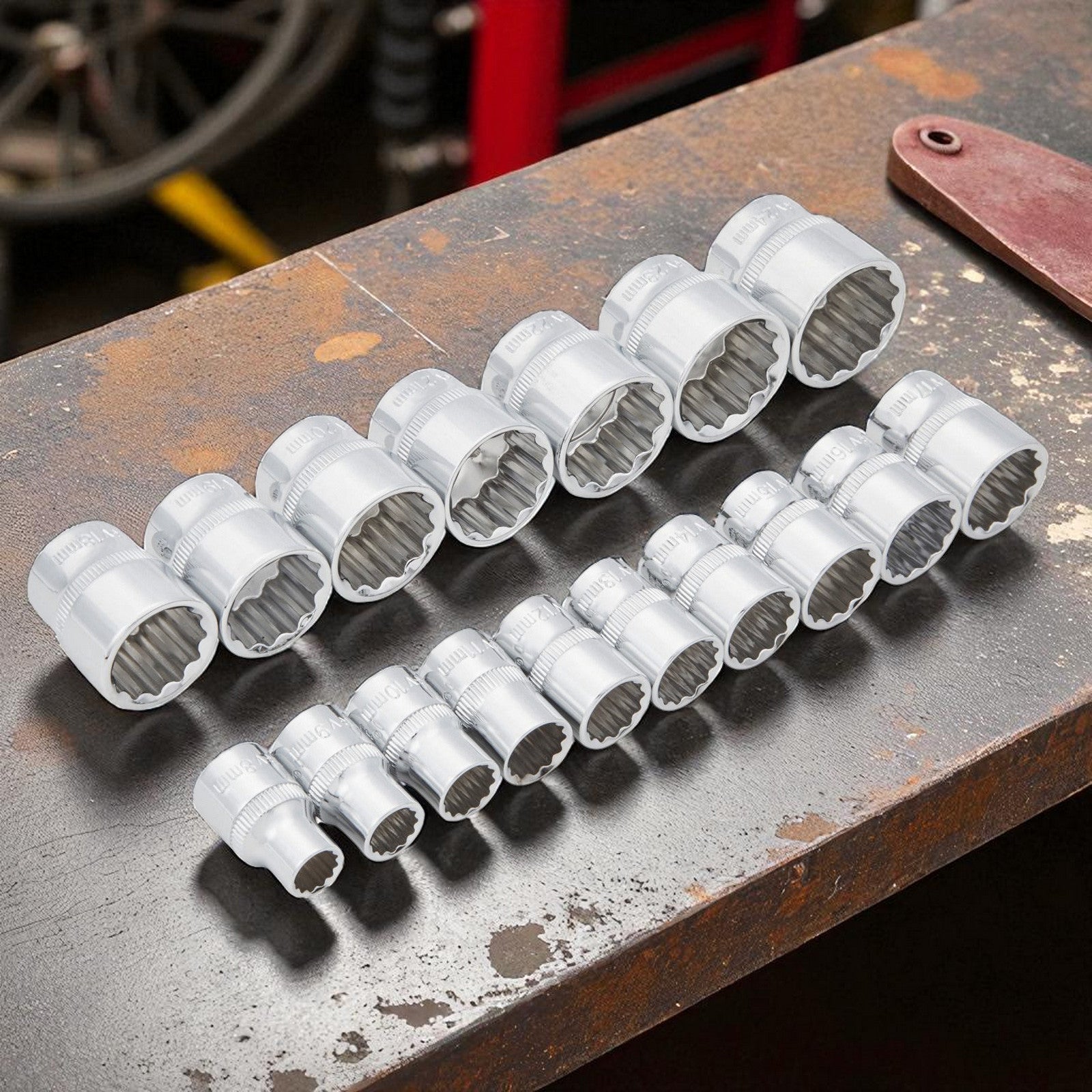 17pc 3/8" Metric Shallow Sockets Set 8-24mm with Storage Rail - Lifetime Warranty